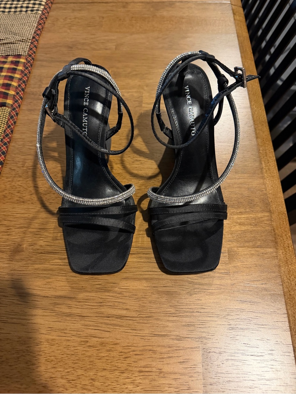 Vince Camuto Black Satin Rhinestone-Trim Heels